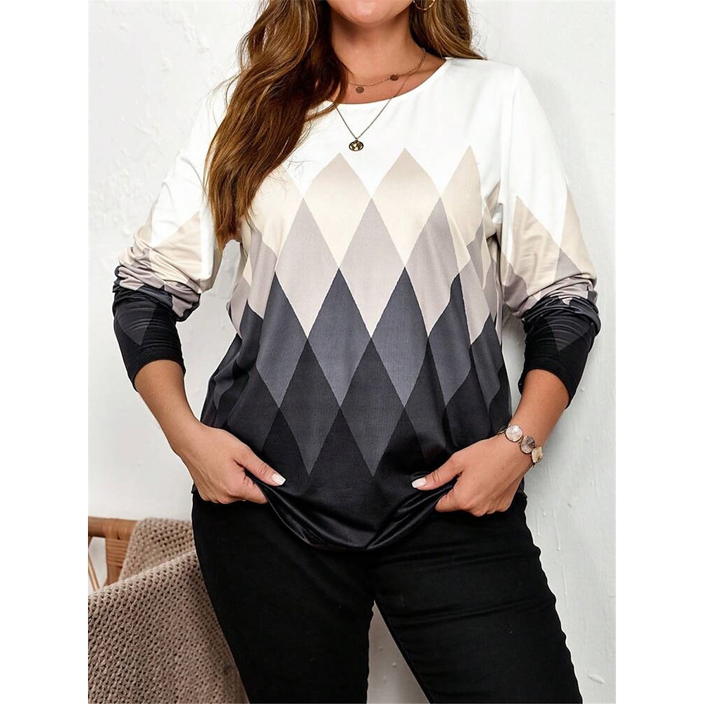 Damen-T-Shirt in Übergröße mit geometrischem Aufdruck, langärmelig, Rundhalsausschnitt, lässig, für den Alltag, Herbst/Winter, grau Lightinthebox