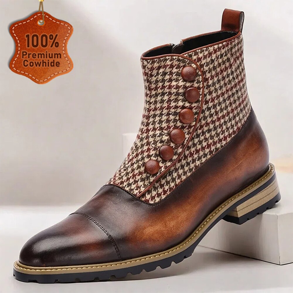 Herrenstiefeletten aus Tweed und Leder mit Hahnentrittmuster und Knopfleiste - elegante Stiefel im Vintage-Stil mit Kappe für formelle und legere Anlässe Lightinthebox