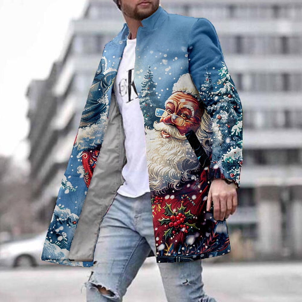 Herren Weihnachtsmann Wintermantel Fleecejacke Mantel warm Komfortabel Brautkleider schlicht Party-Abendgarderobe Freizeitskleidung Knopf 3D-Druck Vordertasche Winter Umlegekragen Langarm Blau Lightinthebox