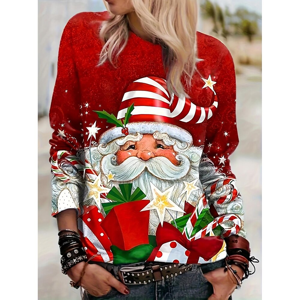 Weihnachts-Sweatshirt für Damen mit festlichem Weihnachtsmann-Aufdruck, Rundhalsausschnitt, lange Ärmel, Weihnachtsfeier, rot, grün, weiß, normale Passform, Winterbekleidung Lightinthebox