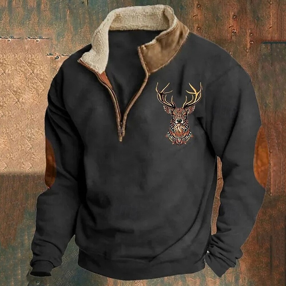 Herren-Sweatshirt mit Hirsch-Jagdmotiv, Viertelreißverschluss, Langarm, Pullover, Vintage-Winteroberteile mit Stehkragen, halber Reißverschluss, Rentier-Print, lockere Passform, tägliche Streetwear, dünnes Fleece, Herbst- und Winterkleidung Lightinthebox