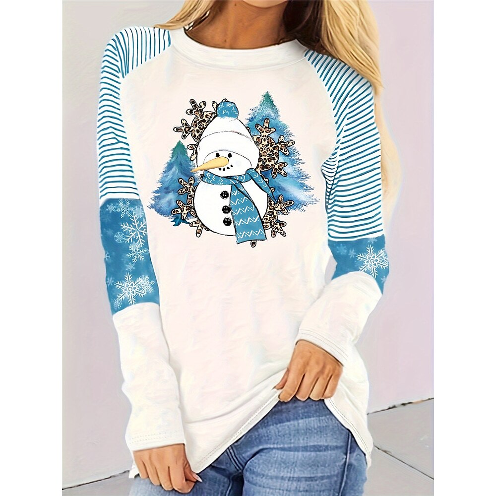 Langarm-T-Shirt für Damen, Schneemann, Zuckerstange, gestreifte Ärmel, blau-weiß, Winterurlaub, Grafik, lässig, bequeme Passform, festliches Oberteil, Übergröße Lightinthebox