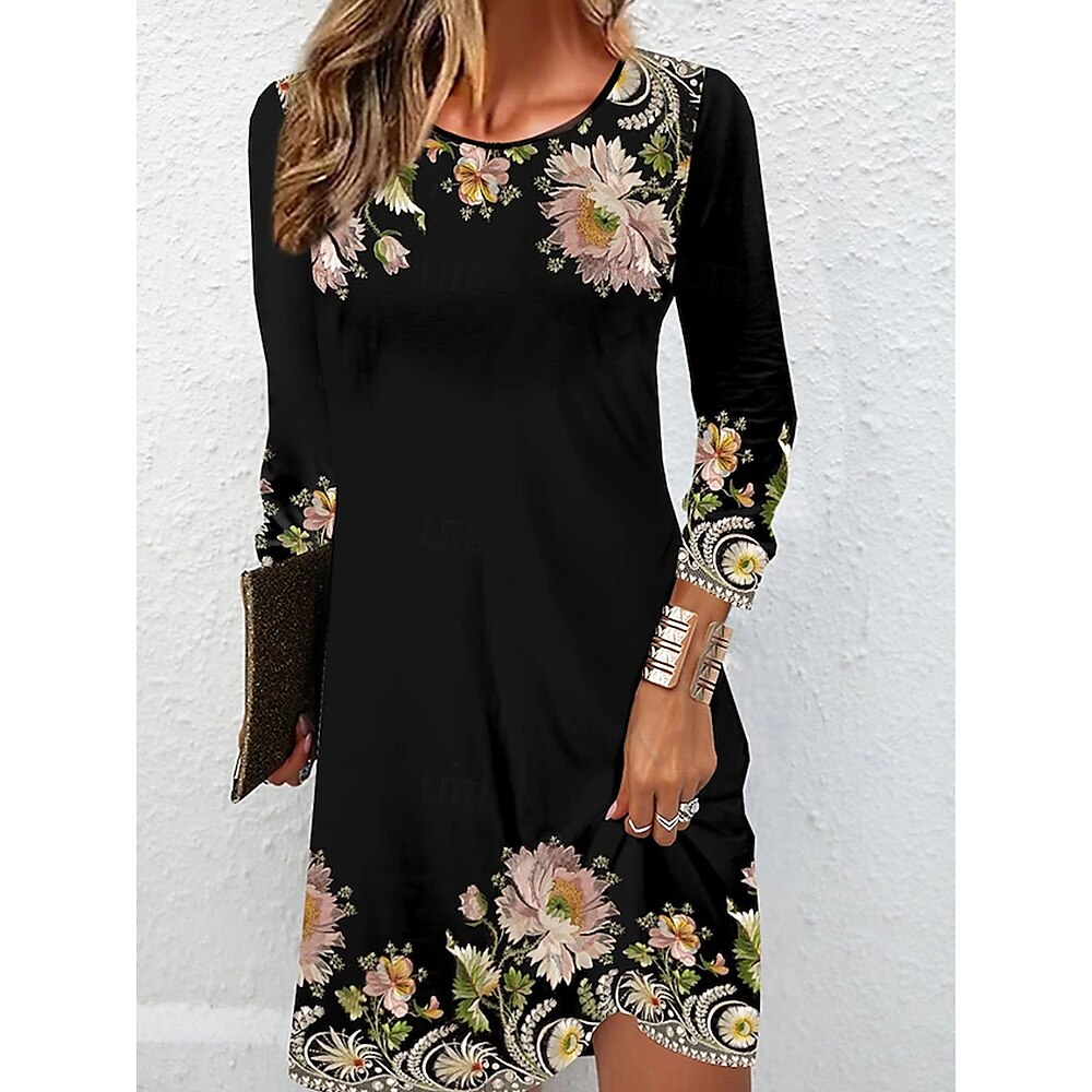 Damen Polyester Blumen Bedruckt Rundhalsausschnitt Maxidress Langarm Sommer Lightinthebox