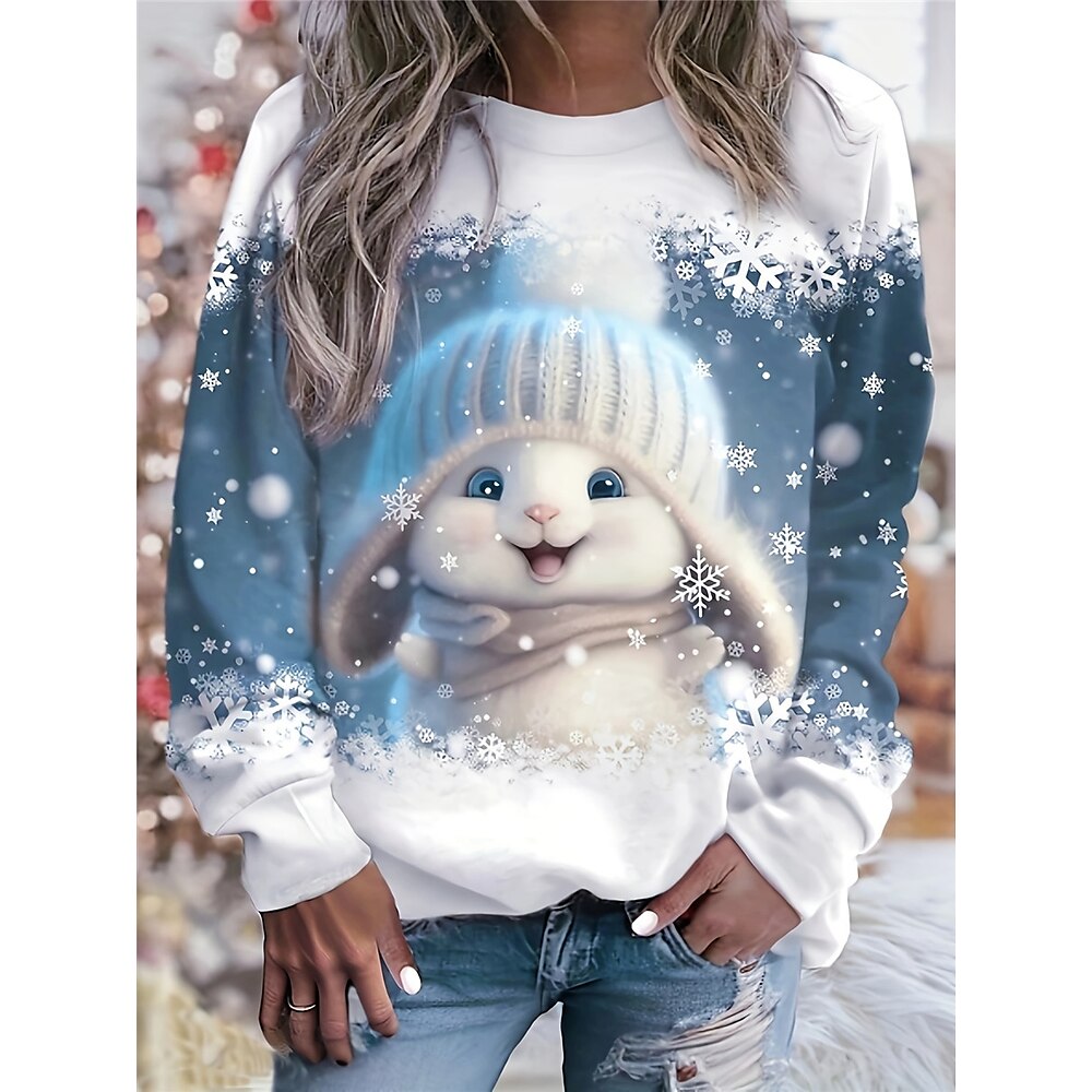 Damen Langarm Sweatshirt Winterhase mit Mütze Grafik Blau Schneeflocken Rundhals lässig bequem Urlaub festlich Homewear Regular Fit Lightinthebox