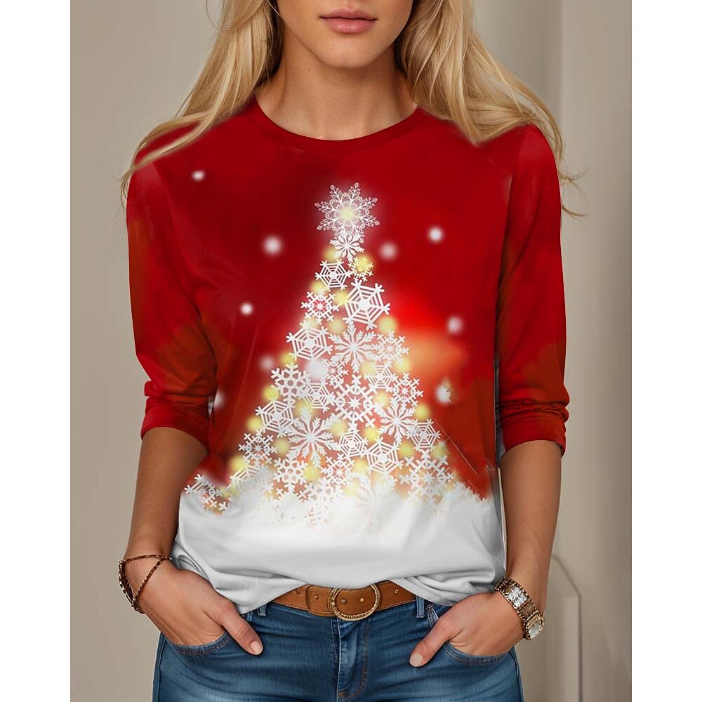 Weihnachts-Sweatshirt für Damen, langärmelig, Ombre-Weihnachtsbaum, Schneeflocken-Print, lässig, rot-weiß, winterlich, gemütlich, festlich, Pullover Lightinthebox