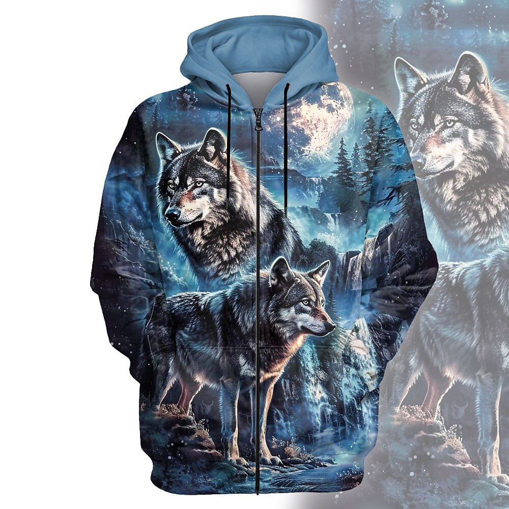 Herren Wolf Hoodie Sweatshirt Kapuze Hoodies Pullover Hoodie Sweatshirt Kapuze Langarm Sweatshirt mit Kapuze Mit Kapuze Modisch 3D-Druck Festtage Reise Blau Zip Tasche Kordelzug Herbst Winter Designer Lightinthebox