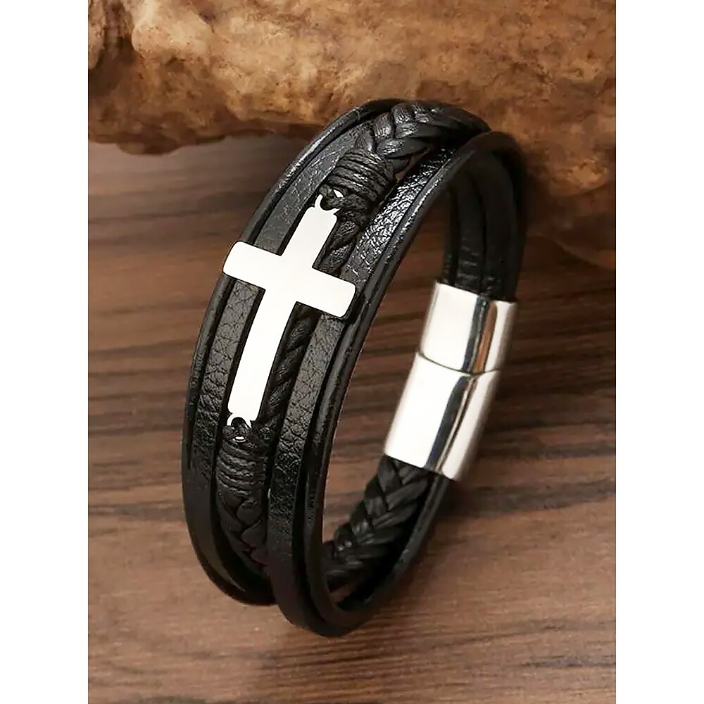 Schwarzes Lederarmband für Herren mit silbernem Kreuz - christliches religiöses Armband, verstellbarer Magnetverschluss Lightinthebox