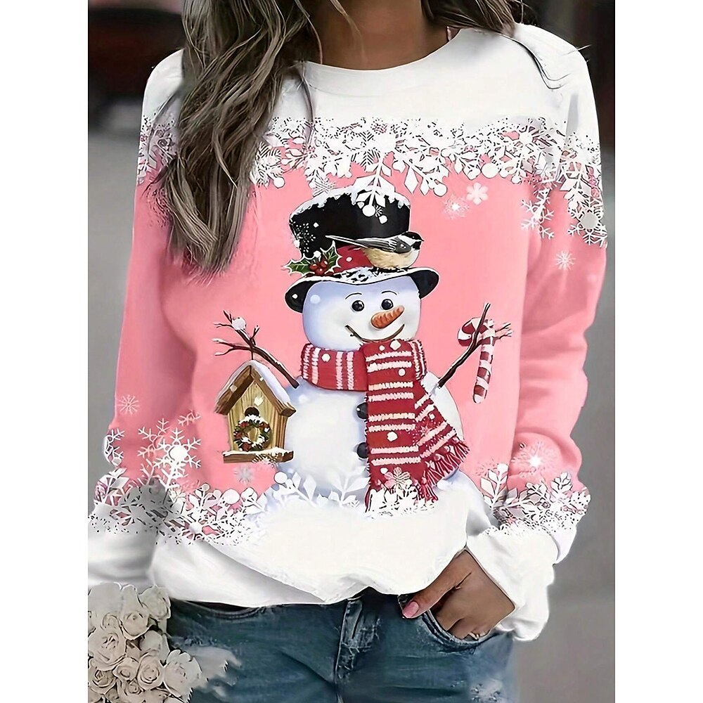 Langarm-Sweatshirt für Damen mit Rundhalsausschnitt, Urlaubs-Schneemann-Aufdruck, Winter, lässig, rosa, festliches Oberteil, bequeme normale Passform Lightinthebox