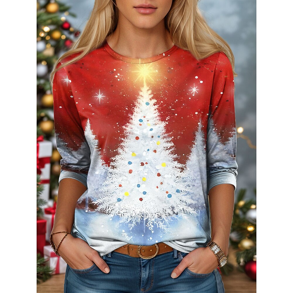 Langarm-T-Shirt mit Weihnachtsbaum für Damen, festlicher Feiertags-Druck in Rot mit Schnee, lässiger Rundhalsausschnitt, gemütlicher Winter-Look, normale Passform, mehrere Größen Lightinthebox