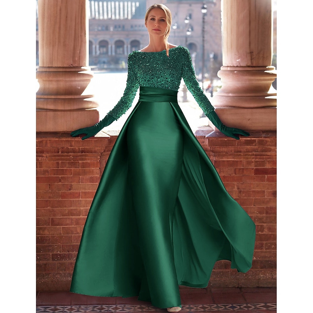 grünes A-Linien-Abendkleid aus Satin, elegantes Herbstkleid für Hochzeitsgäste, formelles bodenlanges Kleid, lange Ärmel, Rundhalsausschnitt mit Glitzerschlitz 2025 Lightinthebox