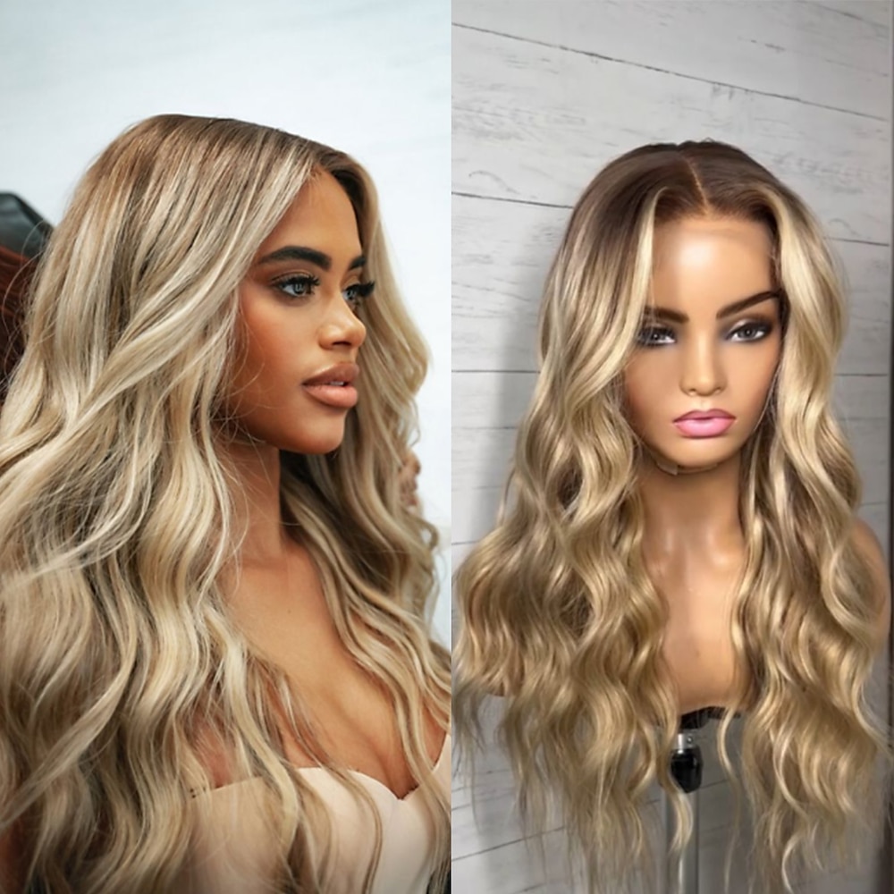 Remy Menschenhaar 13x4 Spitzenfront Perücke Stufenhaarschnitt Brasilianisches Haar Wellen Blond Perücke 130% 150% Haardichte Gefärbte Haarspitzen (Ombré Hair) Strähnchen / Balayage-Technik Lightinthebox