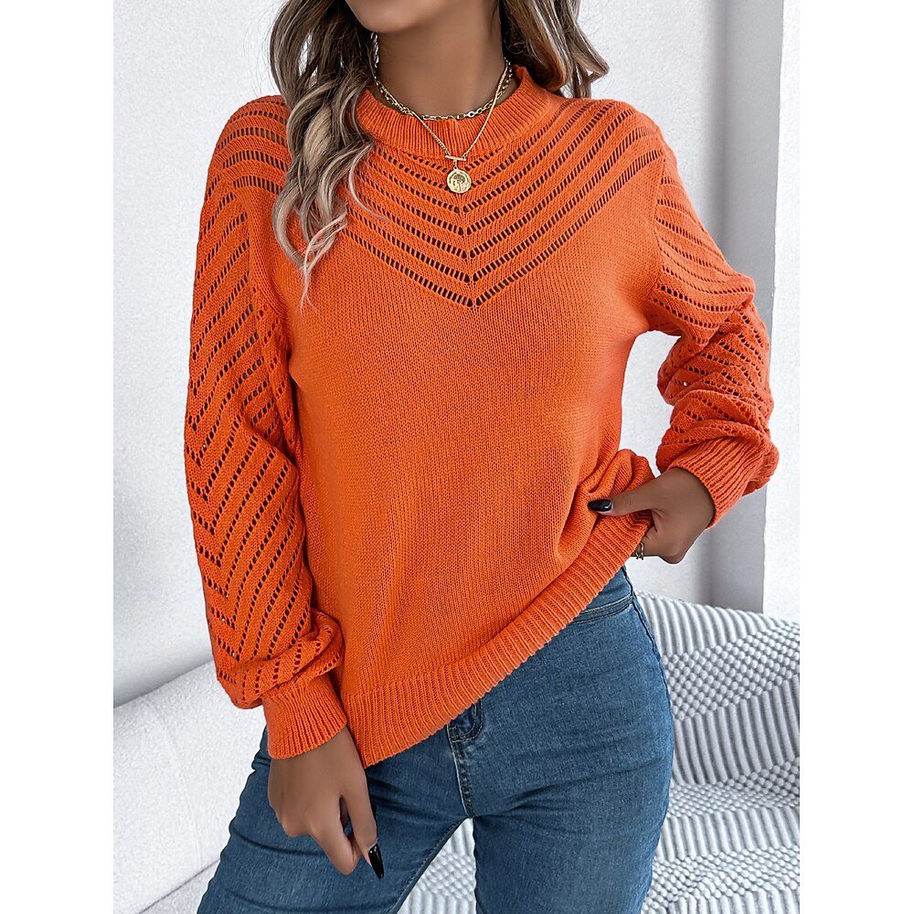 Damen Pullover Rundhalsausschnitt Stricken Ausgehöhlt Herbst Winter Standard Arbeit Elegant Täglich Langarm Plaid Einfarbig Weiß Orange Khaki S M L Lightinthebox