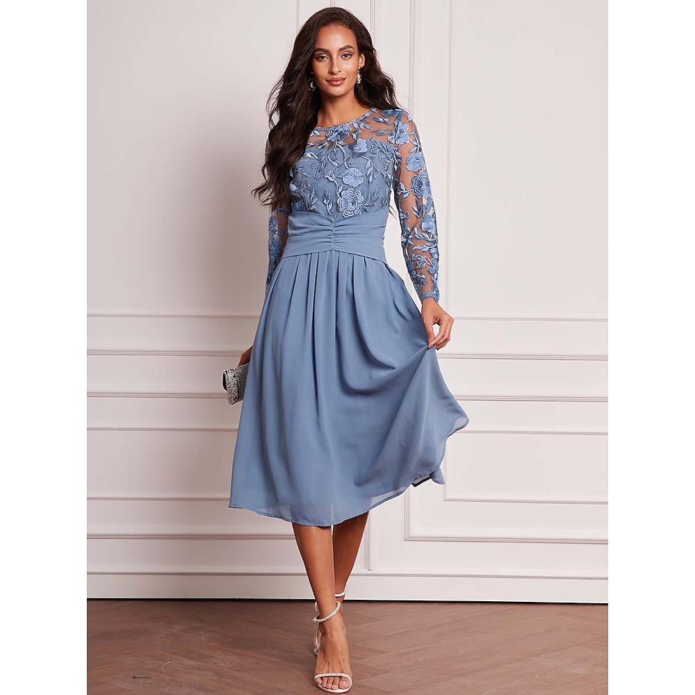 Damen-Hochzeitsgastkleid, Vintage-Kleid, Midikleid, gerüschtes Netz, elegante Cocktailkleider, lässig, Rundhalsausschnitt, lange Ärmel, blaue Farbe Lightinthebox