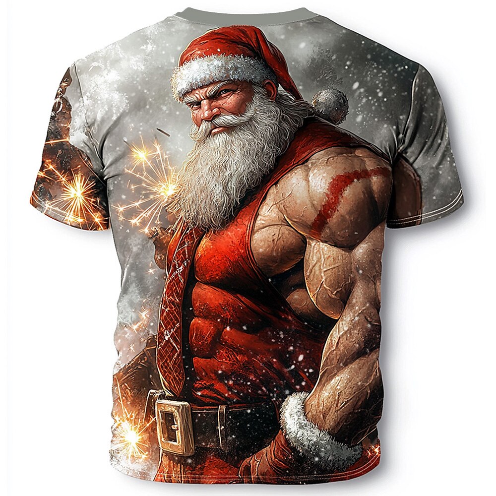 Weihnachts-T-Shirts mit Weihnachtsmann-Motiv, 3D-Druck, Weihnachtsmann, Muskelshirt, lässig, Streetstyle, 3D-Druck, T-Shirt, Sport, Outdoor, Urlaub, grau, kurzärmlig, Rundhalsausschnitt, Lightinthebox