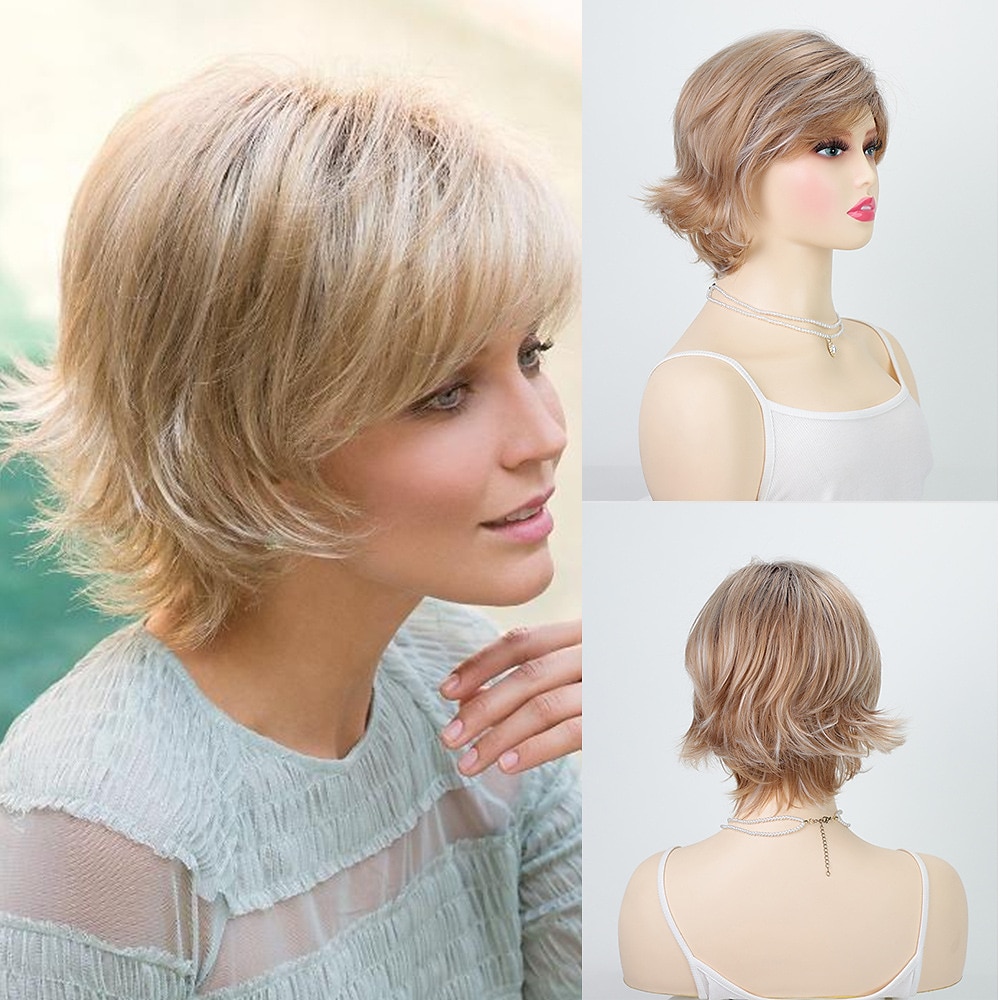 kurze blonde Pixie-Perücke für Frauen, geschichtete natürliche synthetische Perücke mit Pony, hitzebeständige Ersatz-Cosplay-Perücke Lightinthebox