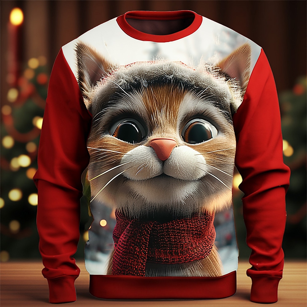 Weihnachten Herren Katze 3D-Druck 3D Sweatshirts Pullover Sweatshirt Pullover Langarm Sweatshirt Rundhalsausschnitt 3D Lustig 3D-Druck Weihnachten Urlaub Party Rundhalsausschnitt 3D-Druck 3D Winter Lightinthebox