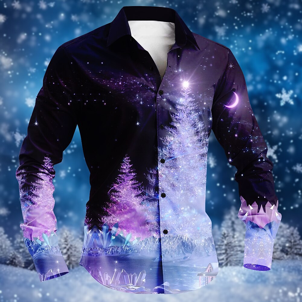 Weihnachten Herren Weihnachtsszene bedruckte Hemden Baum Mode lässig Knopfleiste Langarm Party Abend Alltag Herbst Winter Frühlingamp;Sommerkragen mit Knopfleiste, 3D-Druck, dünn, blau, Polyester Lightinthebox