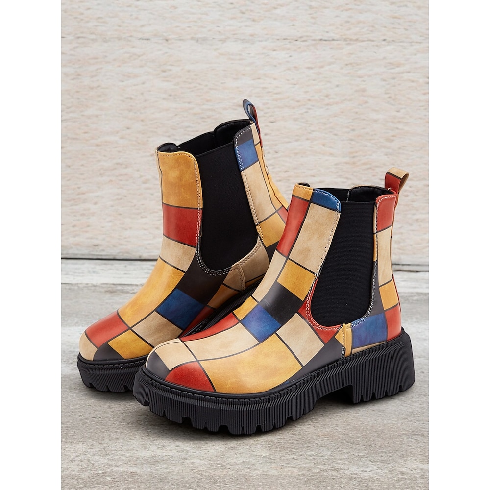 mehrfarbige Chelsea-Stiefel im Patchwork-Stil für Damen - moderne dicke Sohle mit elastischen Seiteneinsätzen für Retro- und Casual-Styling Lightinthebox