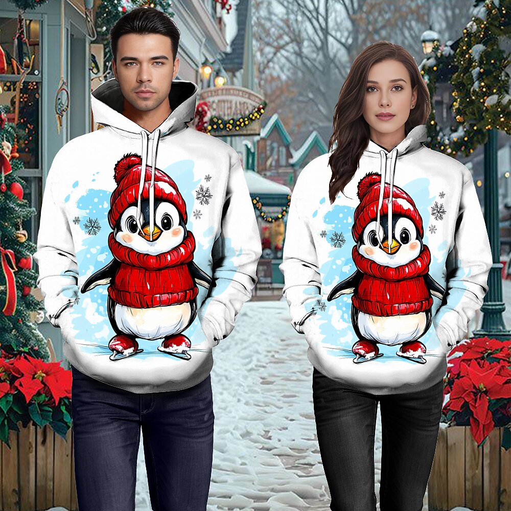 Weihnachten Tier Pinguin Kapuzenshirt Lustiger Weihnachts-Kapuzenpullover 3D Weihnachten Vordertasche Grafik Für Paar Herren Damen Erwachsene Maskerade 3D-Druck Party Casual Lightinthebox