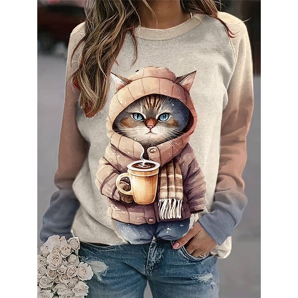 Sweatshirt für Damen mit Katzen-Print für den Alltag, lässig, Rundhalsausschnitt, lange Ärmel, mikroelastisch, Herbst/Winter, bequem, atmungsaktiv, weicher Stoff Lightinthebox