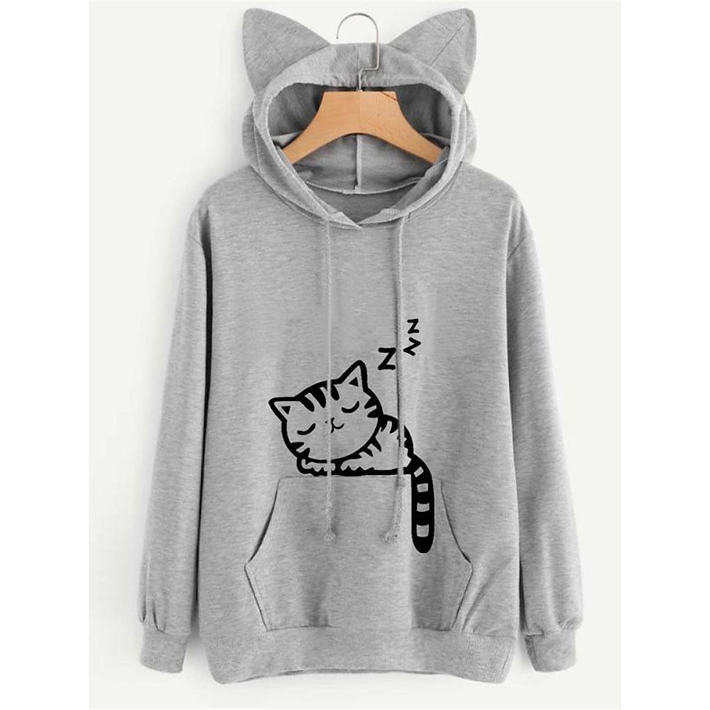 Damen Kapuzenpullover Sweatshirt Casual Cat Street Alltagskleidung Kapuzenpullover Pocket Print Langarm Schwarz Rosa Wein Grau Herbst Winter Lightinthebox