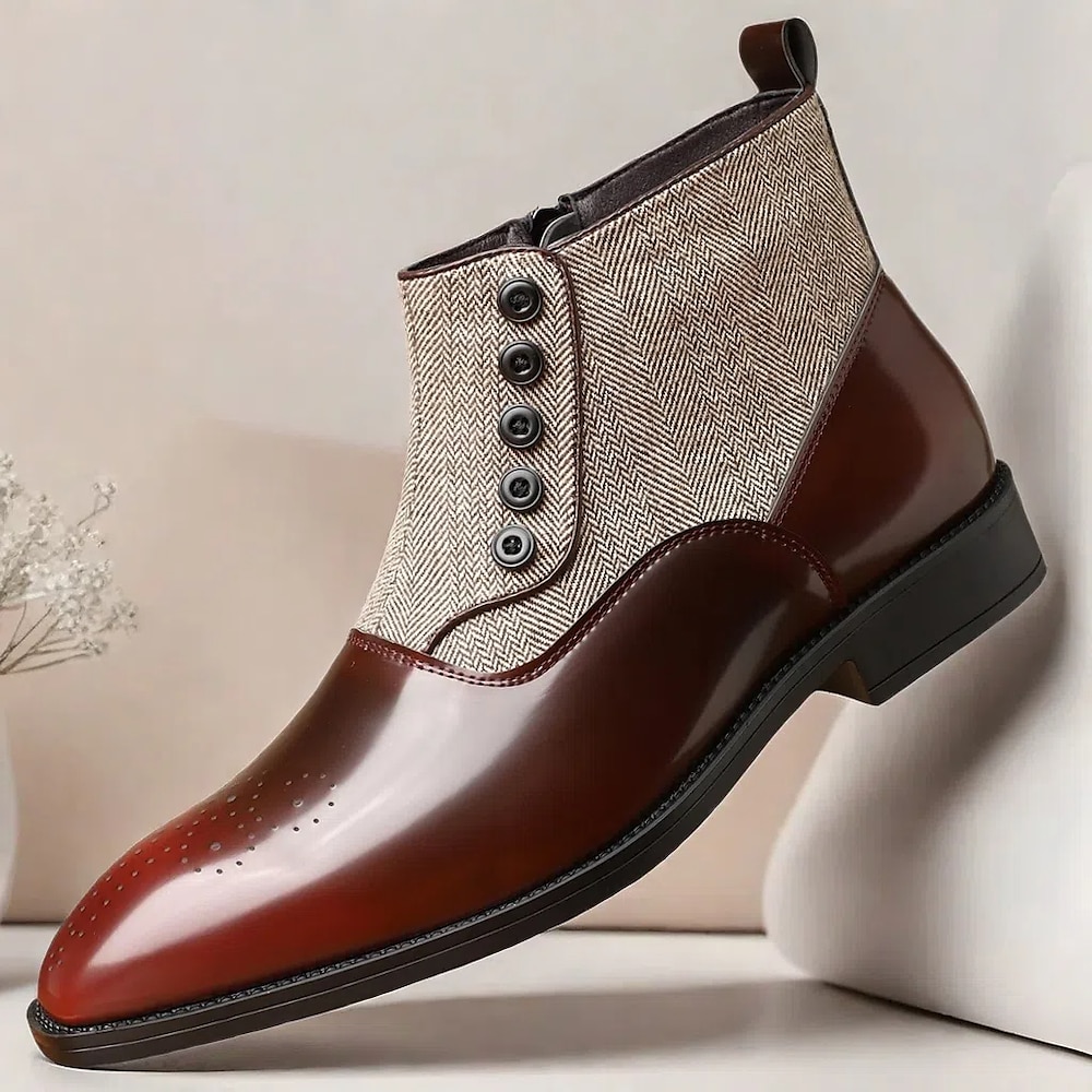 Herren-Stiefeletten aus Stoff und Kunstleder mit Fischgrätenmuster und Knopfleiste - formelle Schuhe im Vintage-Stil für geschäftliche und legere Anlässe Lightinthebox