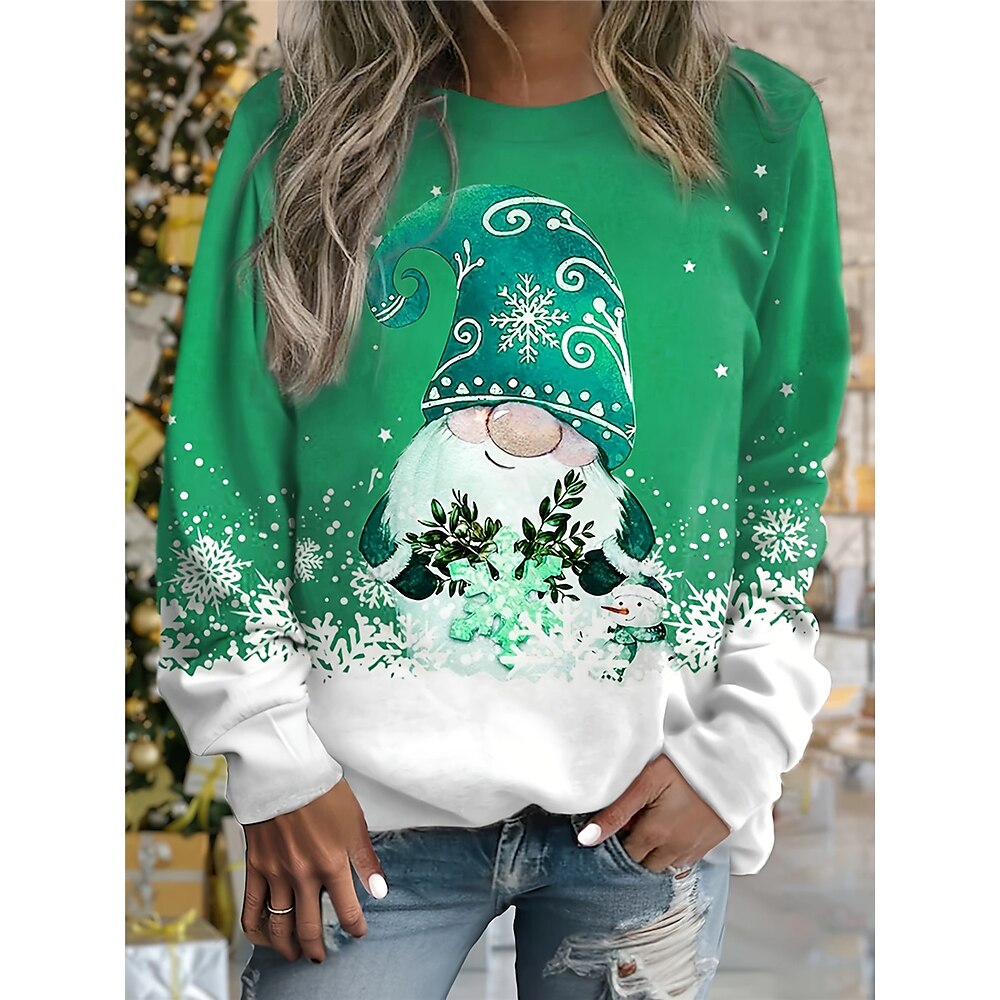 Weihnachts-Sweatshirt für Damen mit Gnomen-Print, Schneeflocke, Rundhalsausschnitt, langärmelig, lässiges Urlaubsoberteil, grün-weiß, Winterbekleidung Lightinthebox