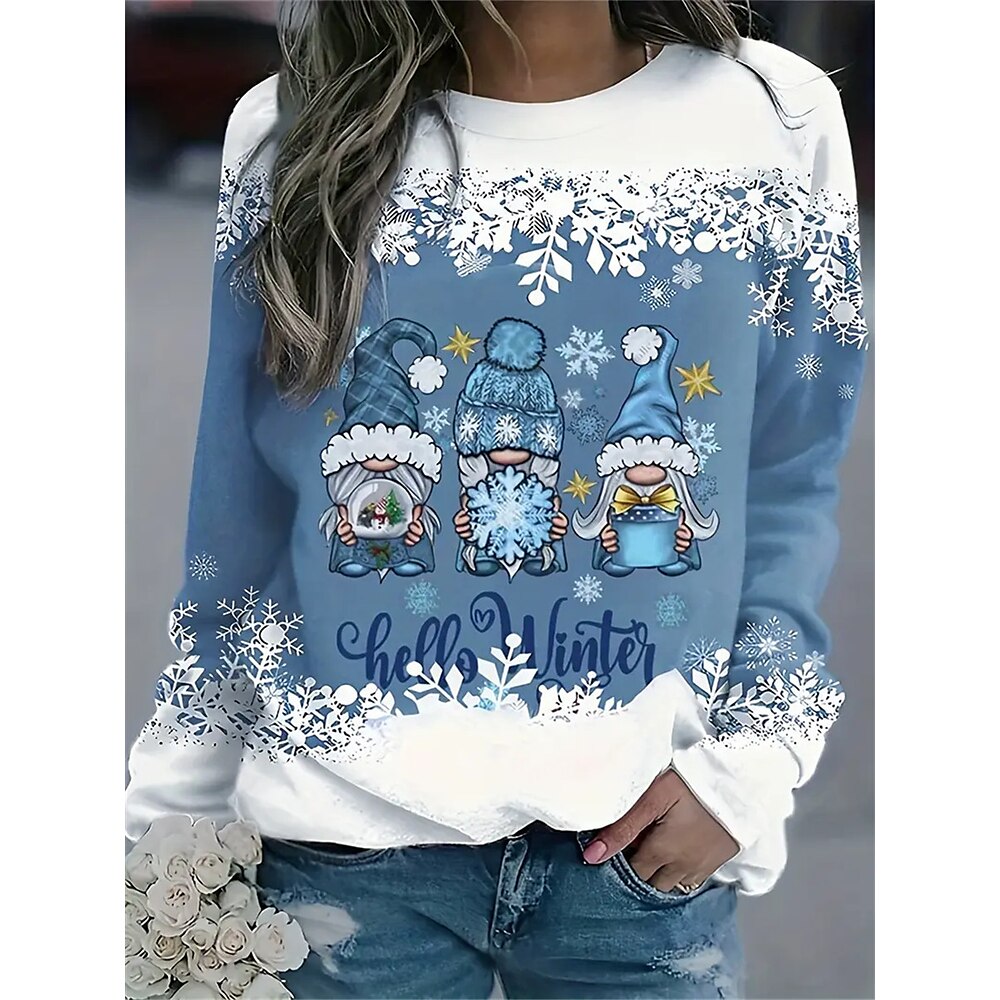 Weihnachts-Sweatshirt für Damen, Rundhalsausschnitt, langärmelig, Weihnachts-Gonk-Schneeflocken-Druck, lässige, gemütliche Oberteile, blau-weiß, festliche Urlaubsmode, Kleidung Lightinthebox