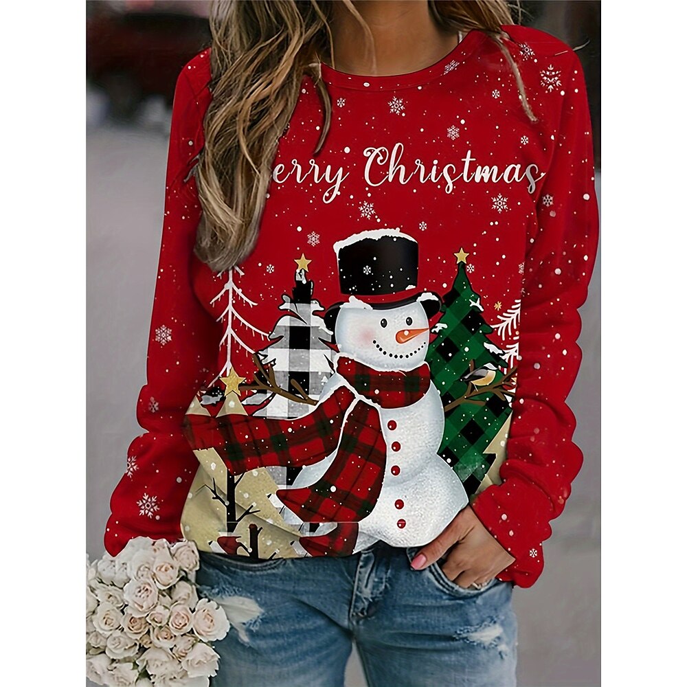 Weihnachts-Sweatshirt für Damen, langärmelig, Winter, Schneemann, Urlaub, lässiger Pullover, rot, Rundhalsausschnitt, festlich, warm, gemütlich, normale Passform, Übergrößen Lightinthebox