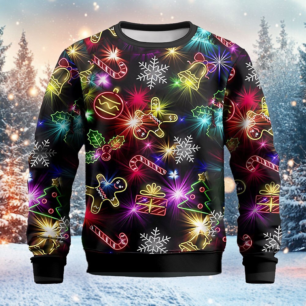 Silvester Weihnachten Herren Schneeflocke Lebkuchenmann Sweatshirts Pullover Sweatshirt Pullover Langarm Sweatshirt mit Kapuze Rundhalsausschnitt Urlaub 3D-Druck Party Weihnachten Neujahr Schwarz Lightinthebox