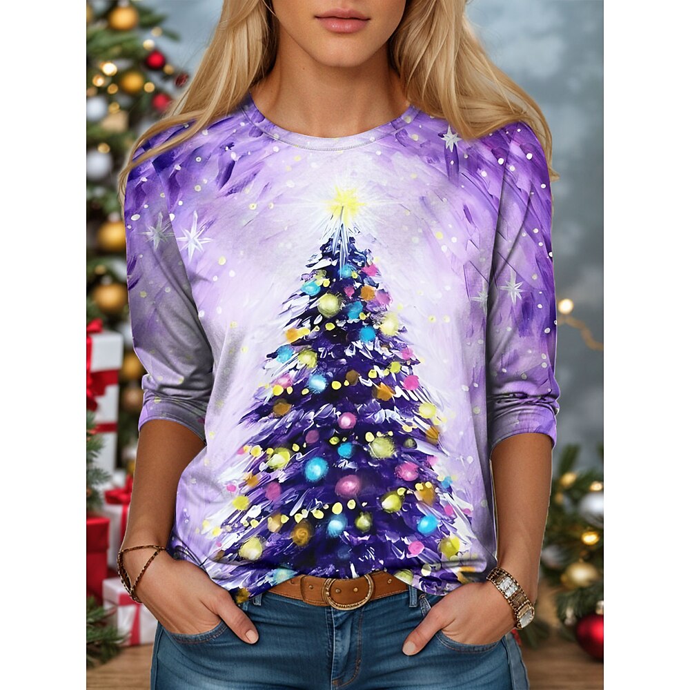 Langarm-T-Shirt mit Weihnachtsbaum-Print für Damen, festliche lila Schneeflocke, lässige bequeme Passform, saisonale Winterbekleidung Lightinthebox