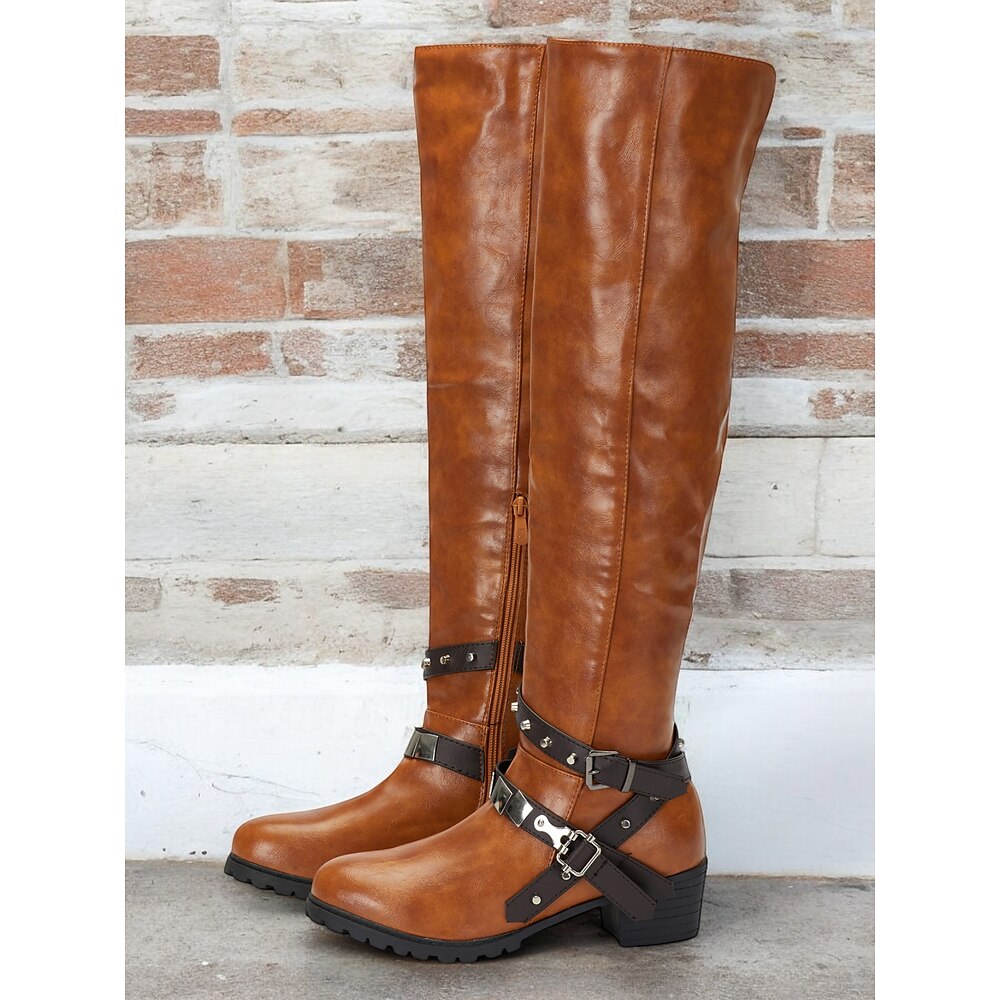 Kniehohe Westernreitstiefel für Damen mit Schnallenriemen - Overknee-Stiefel aus Kunstleder im Vintage-Stil für die Freizeit und den Outdoor-Bereich Lightinthebox