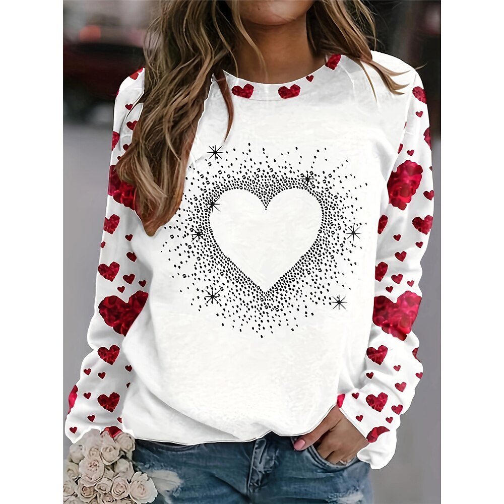 Damen T-Shirt mit Valentinstags-Herz, lässig, normale Oberteile, langärmelig, Rundhalsausschnitt, bedruckt, normale Passform, täglich, weiß, Frühling, Herbst Lightinthebox