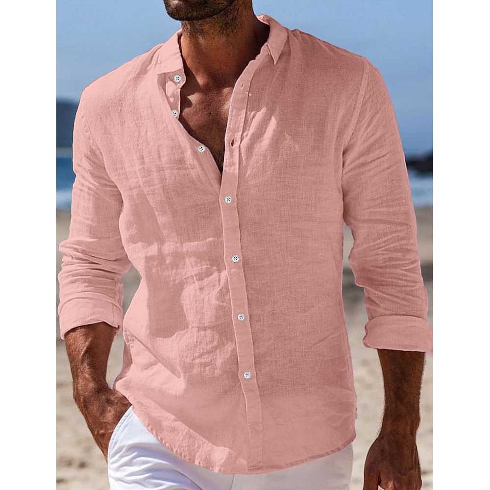 Herren Hemd leinenhemd Sommerhemd Strandbekleidung Knopfhemd Glatt Casual Täglich Schwarz Weiß Rosa Marineblau Langarm Umlegekragen Frühling Sommer Bekleidung Lightinthebox