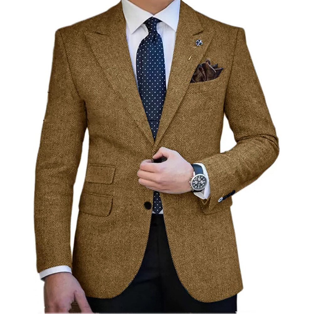 Herren-Retro-Vintage-Tweed-Blazer mit Fischgrätenmuster, normal, Übergröße, einreihig, zwei Knöpfe, Schwarz, Champagnerrot, Königsblau, 2024 Lightinthebox