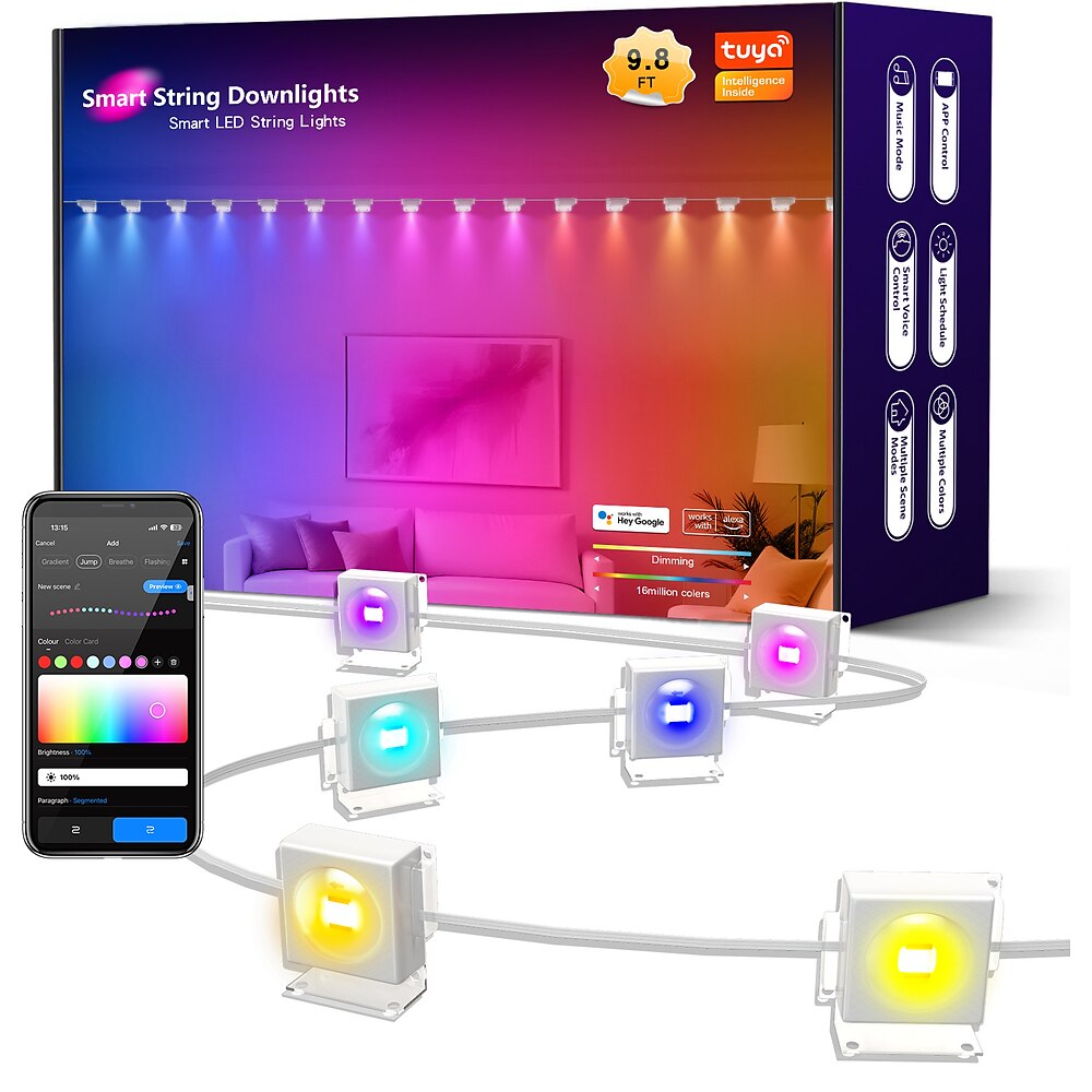 Tuya WiFi wasserdichte RGB-Dachtraufenlichter, permanente bunte Lichterkette für den Außenbereich, 3 m 15 LEDs/5 m 25 LEDs für Innenhof, Garten, Hochzeit, Festival, Halloween und Weihnachtsdekoration Lightinthebox