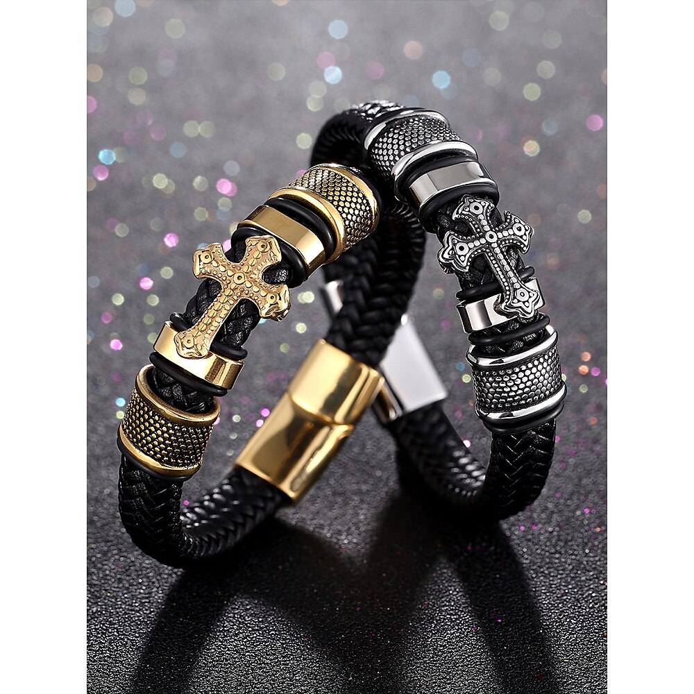 Kreuzarmband für Herren mit goldenen und silbernen Akzenten und Magnetverschluss - stilvolles geflochtenes Armband für lässige und religiöse Anlässe Lightinthebox