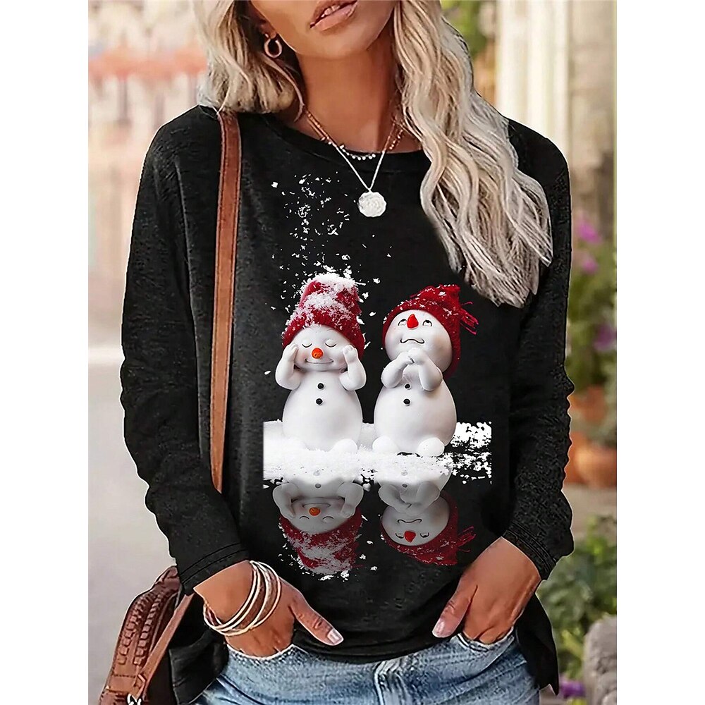 Weihnachts-T-Shirt für Damen mit Schneemann-Print, langärmelig, Rundhalsausschnitt, Urlaubsoberteil, schwarz, rot, weiß, lässig, festliche Winterbekleidung, gemütliche Stretch-Passform, verschiedene Lightinthebox