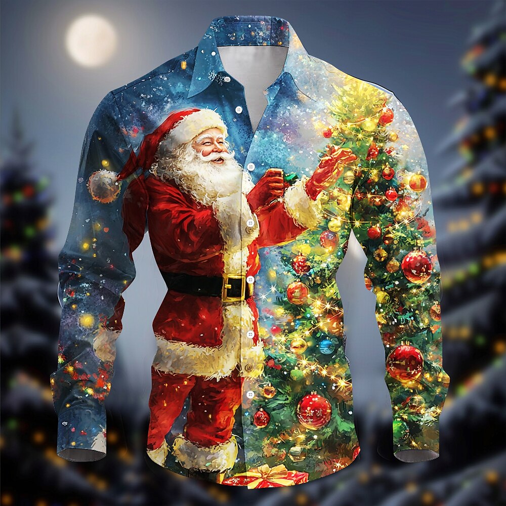 Weihnachtshemden für Herren mit Weihnachtsmann-Aufdruck, Weihnachtsmann, lässig, mit Knopfleiste, lange Ärmel, Party, Abend, Alltag, Herbst, Winter, Frühlingamp;Sommerkragen mit Knopfleiste, Lightinthebox