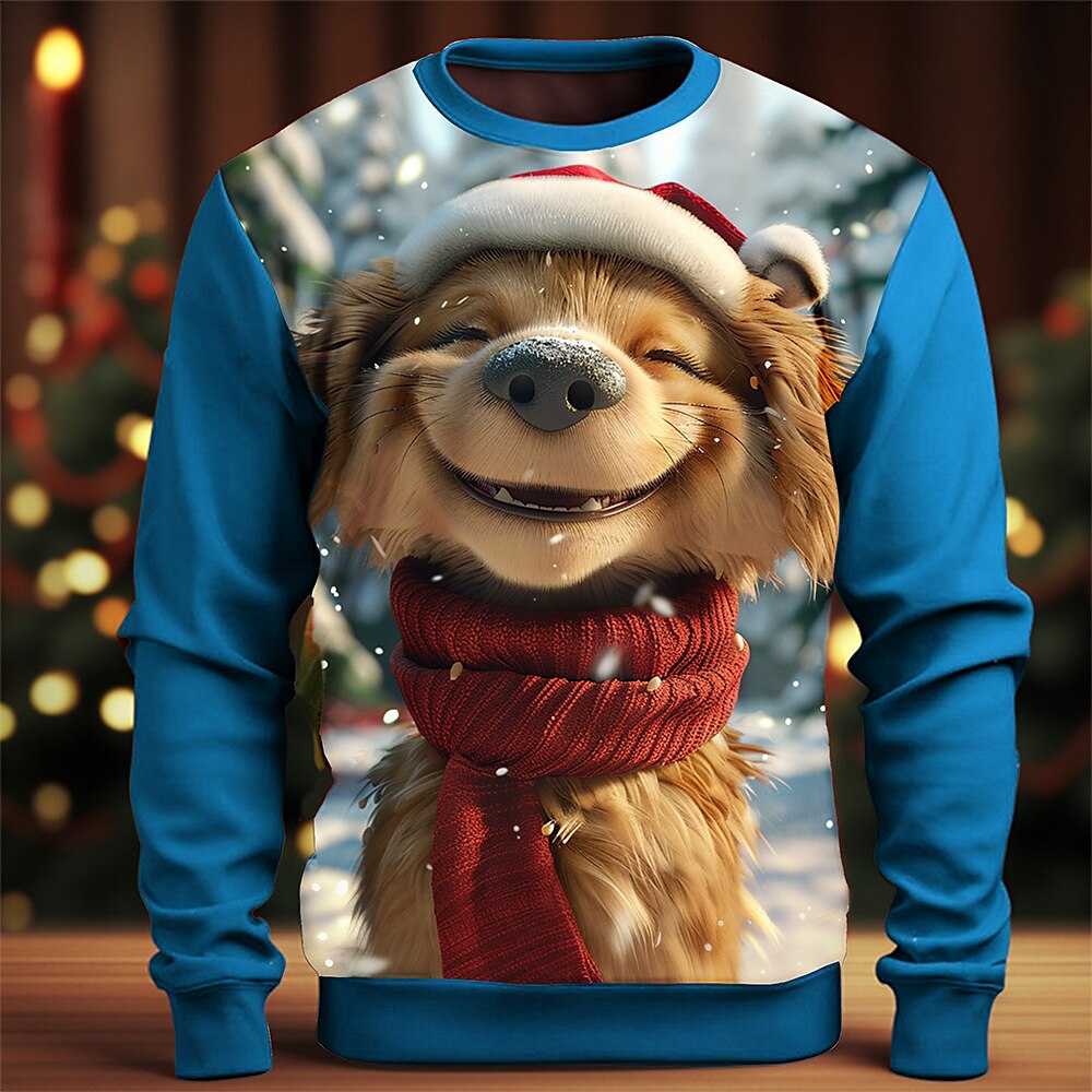 Weihnachten Herren Hund 3D-Druck Sweatshirts Pullover Sweatshirt Pullover Langarm Sweatshirt mit Kapuze Rundhalsausschnitt 3D 3D-Druck Party Weihnachten Neujahr Rote Blau Rundhalsausschnitt 3D-Druck Lightinthebox