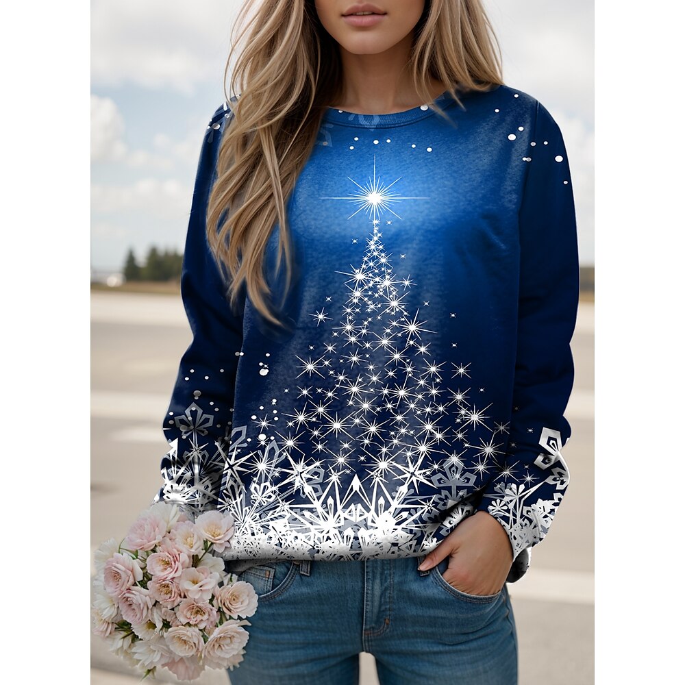 Weihnachts-Sweatshirt für Damen, langärmelig, Weihnachtsbaum-Druck, festlicher blau-weißer Farbverlauf, lässig, weich, Rundhalsausschnitt, Winterbekleidung Lightinthebox