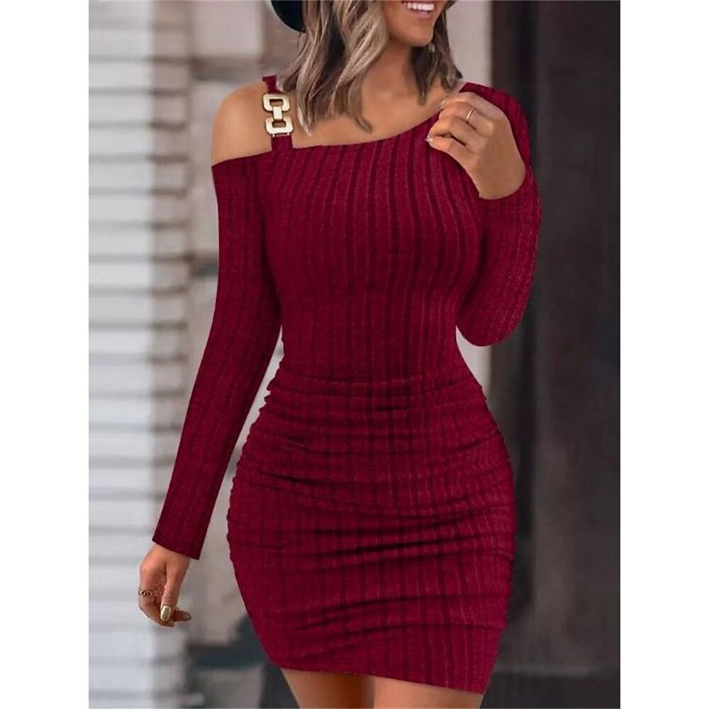 Damen Casual kleid Minikleid Patchwork Kalte Schulter Brautkleider schlicht Ein-Schulter Langarm Schwarz Weiß Wein Farbe Lightinthebox