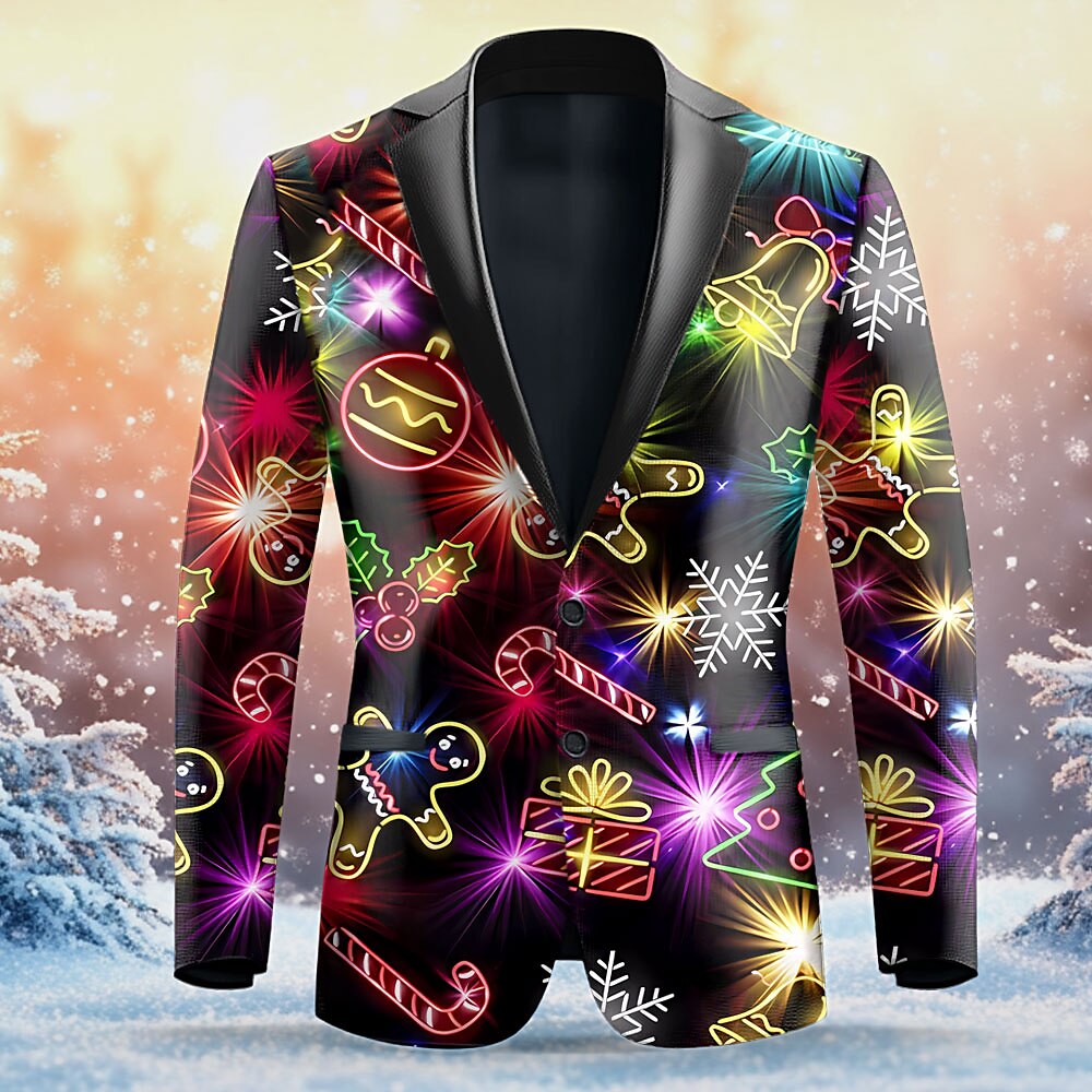 Weihnachts-Blazer für Herren mit Weihnachtslicht-Print, hässlicher Business-Mantel, Blazer-Jacke, atmungsaktiv, bequem, Party, Abend, Alltagskleidung, Knopfleiste, 3D-Print, mehrere Taschen, normale Lightinthebox