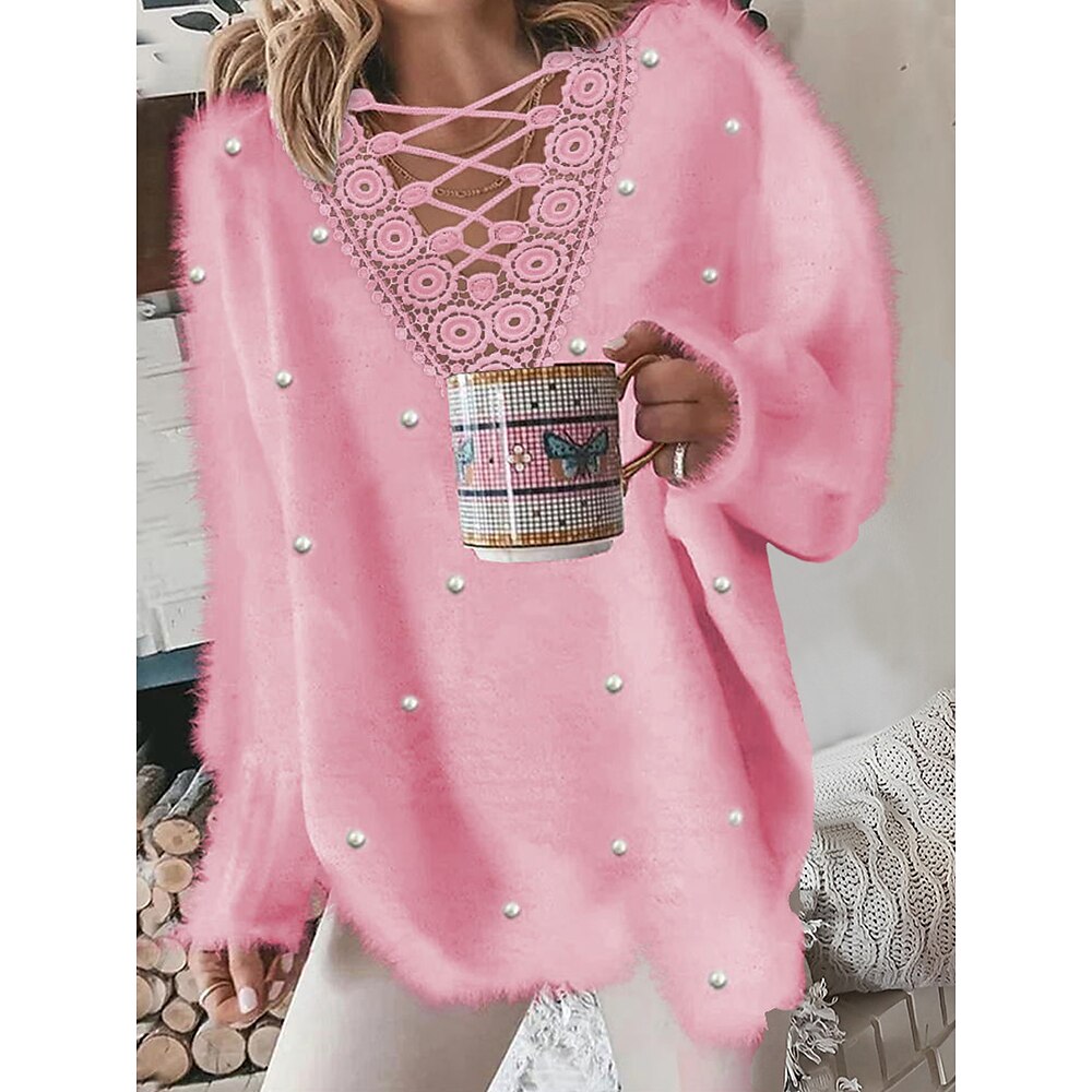 Damen Bluse Pullover Oversized Flauschig V-Ausschnitt Langarm Rosa Einfarbig Warm Lässig Herbst Winter Lightinthebox