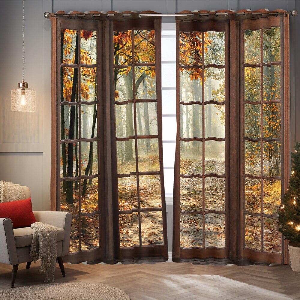 Perforierte Verdunkelungsvorhänge für Fenster, Wald, schöne Landschaft, Isolierung, Außenbalkon, Ruhe, Wohnzimmer, Heimdekoration, 2-teiliges Set, 3D-Digitaldruck Lightinthebox