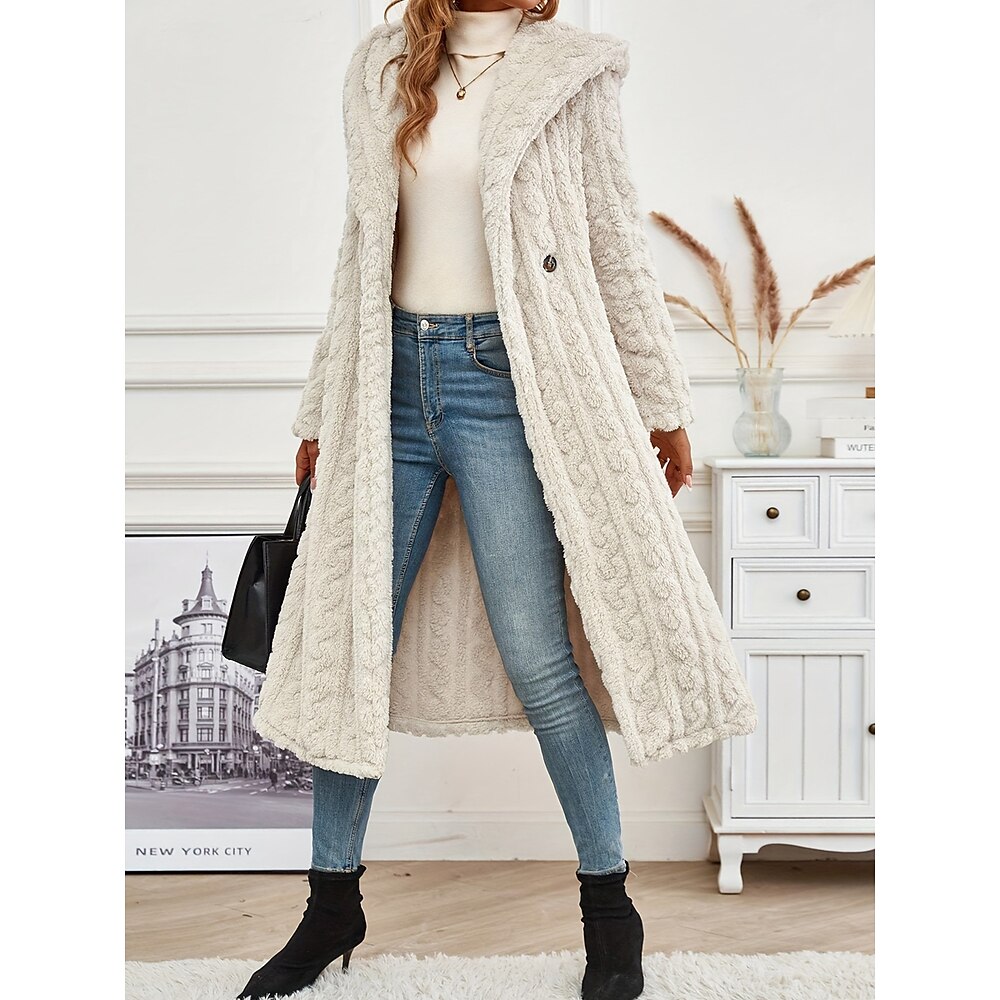 Damen-Kapuzenmantel, Jacke, Longline, Zopfmuster, weicher Plüsch, warme Winteroberbekleidung, beige, Einzelknopf, lässig, langärmelig, Herbst/Winter Lightinthebox