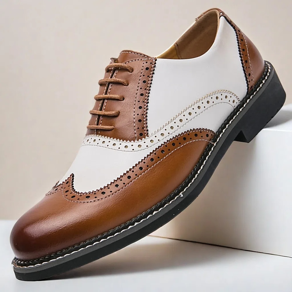 Braune und weiße Oxford-Schuhe für Herren - klassisches Brogue-Design mit Schnürung, Obermaterial aus Kunstleder für formelle Anlässe und legere Business-Kleidung Lightinthebox