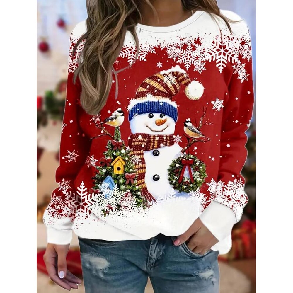 Damen-Sweatshirt mit Weihnachts-Schneemann-Aufdruck, langärmelig, rot, Feiertage, lässig, bequem, Rundhalsausschnitt, Wintersaison, festlich, normale Passform, Kleidung Lightinthebox