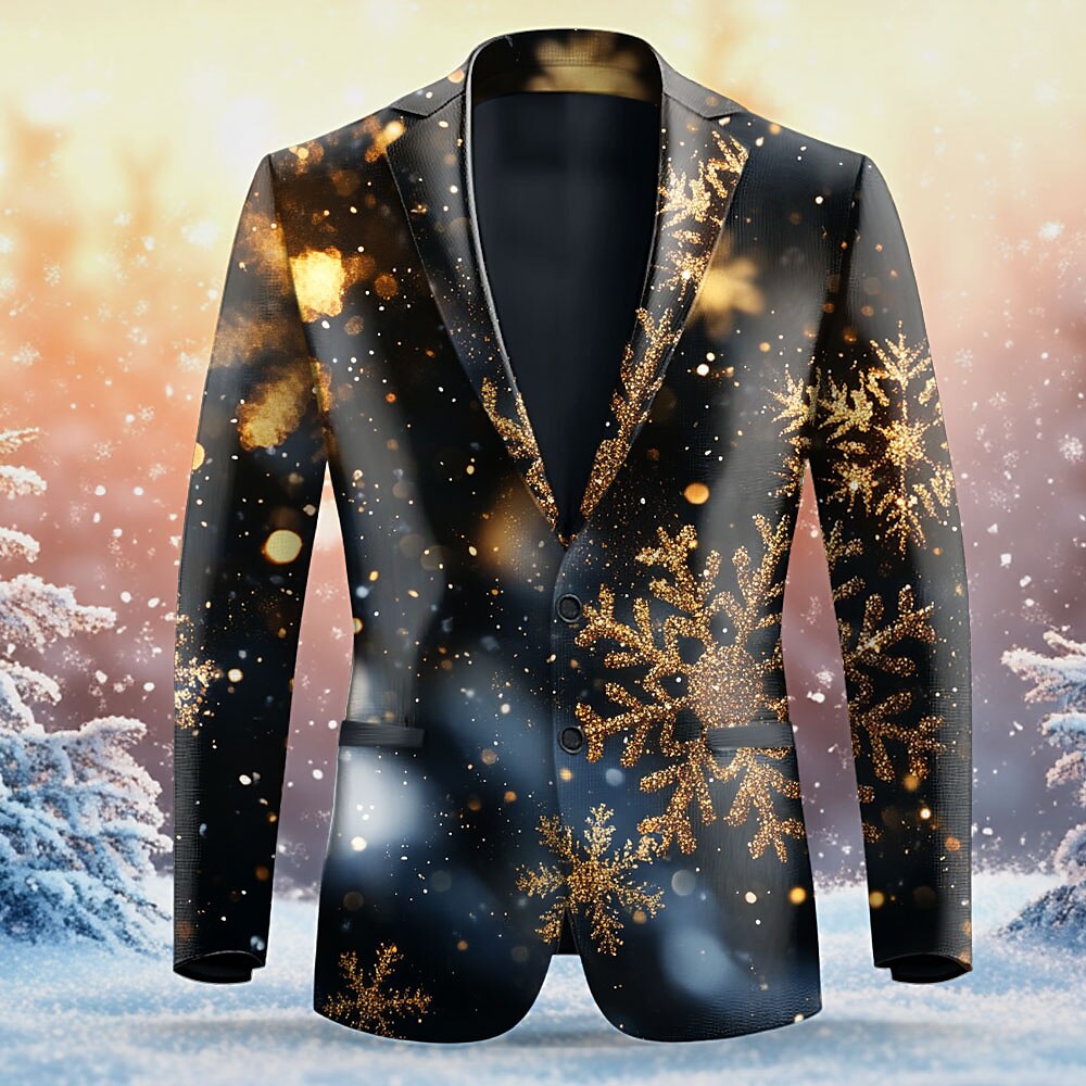 Weihnachts-Blazer für Herren mit Weihnachtsszenen-Print, Schneeflocke, Business-Mantel, Blazer-Jacke, atmungsaktiv, bequem, Party, Abend, Alltagskleidung, Knopfleiste, 3D-Print, mehrere Taschen, Lightinthebox