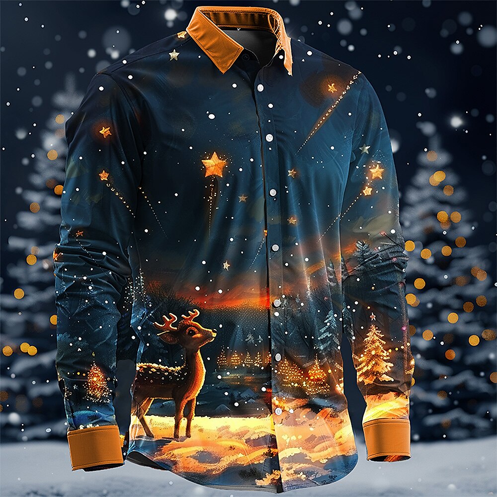 Weihnachtshemden für Herren mit Weihnachtsszenen-Print, Weihnachtsmann, künstlerisch, lässig, mit Knopfleiste, langärmelig, für Partys, Abendveranstaltungen, Alltag, Herbst, Winter, Lightinthebox